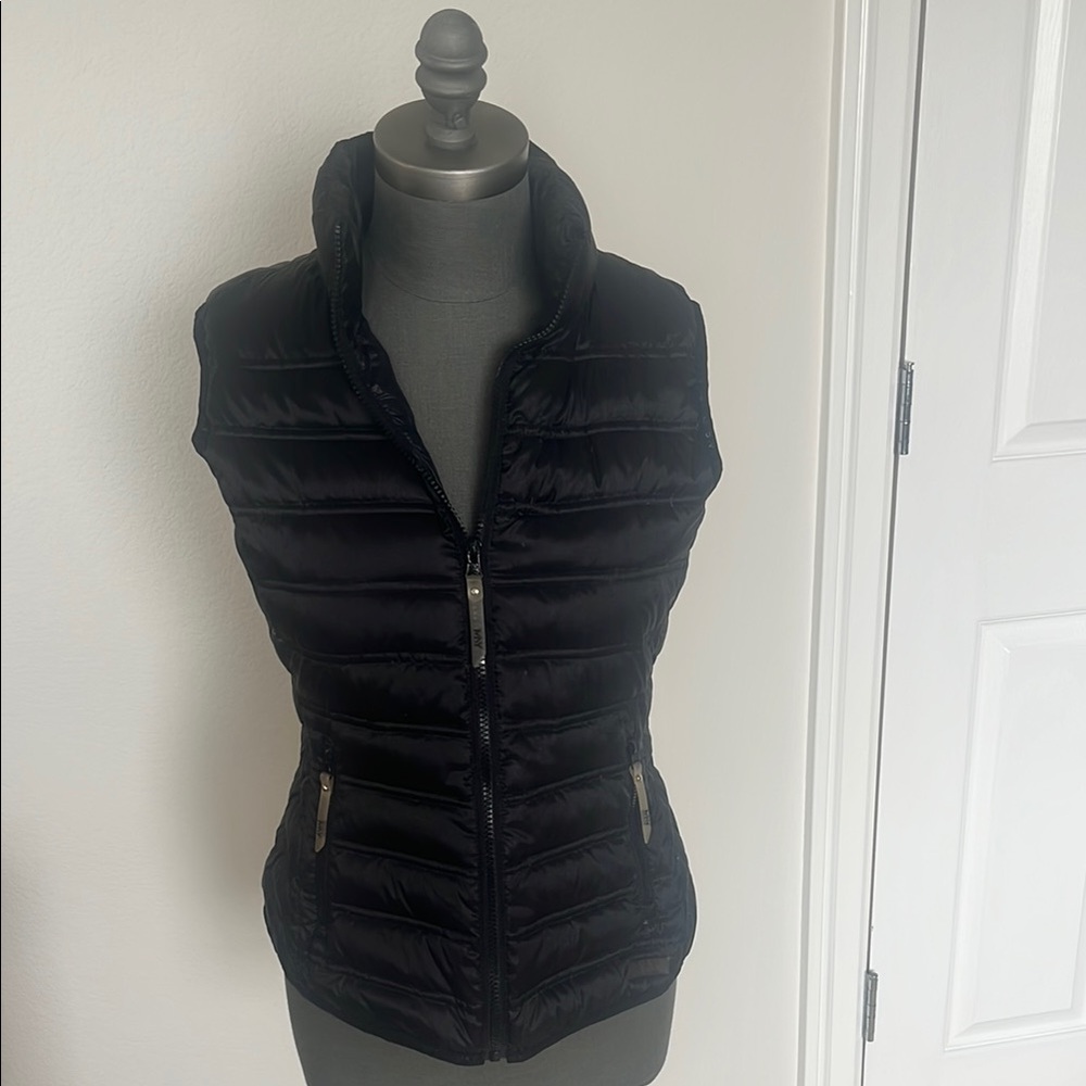 Marc NY Designer Black Puffer Vest with fold up hood
